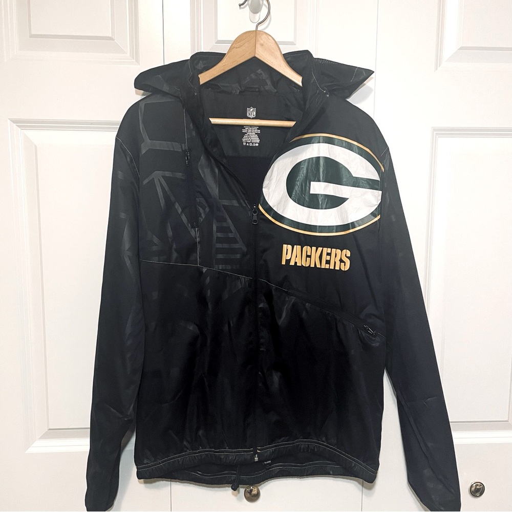 Men's Reebok NFL Packers Windbreaker Rain Jacket Black Small Full Zip